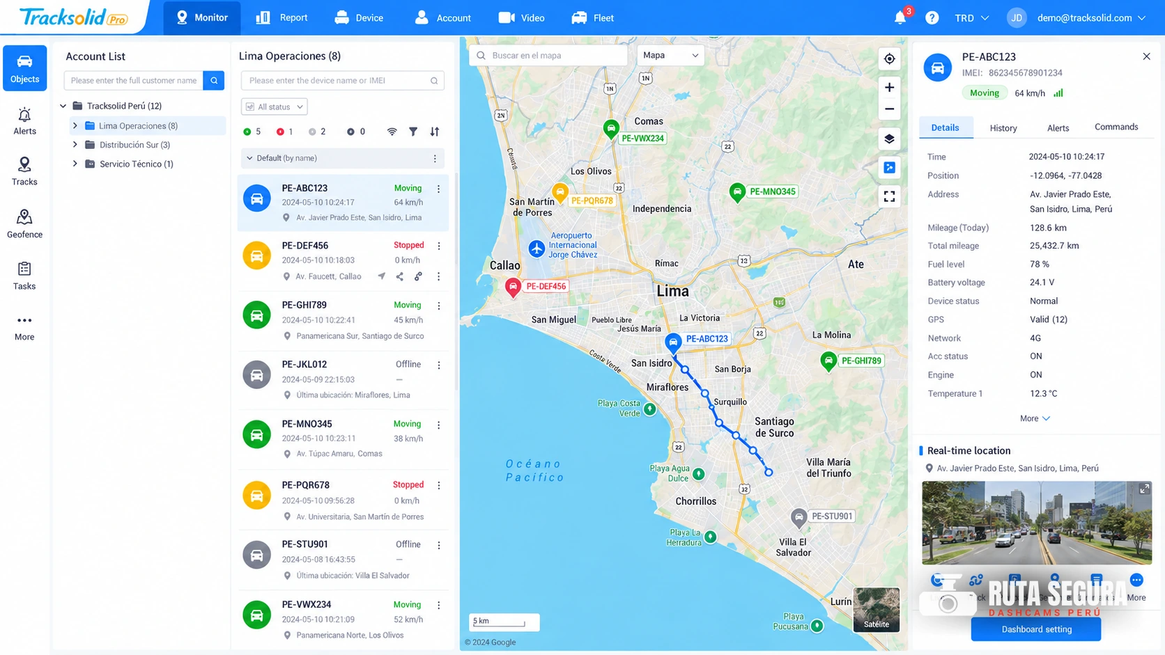 Servidor Tracksolid Pro: mapa con las unidades de una flota en Lima, datos de cada vehículo y video de la cámara en vivo