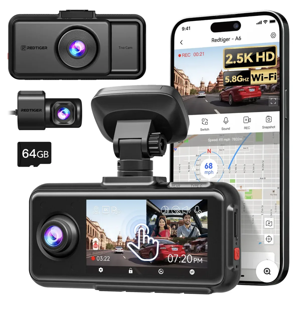 REDTIGER A6 — dashcam de triple cámara con GPS, pantalla táctil y visión nocturna