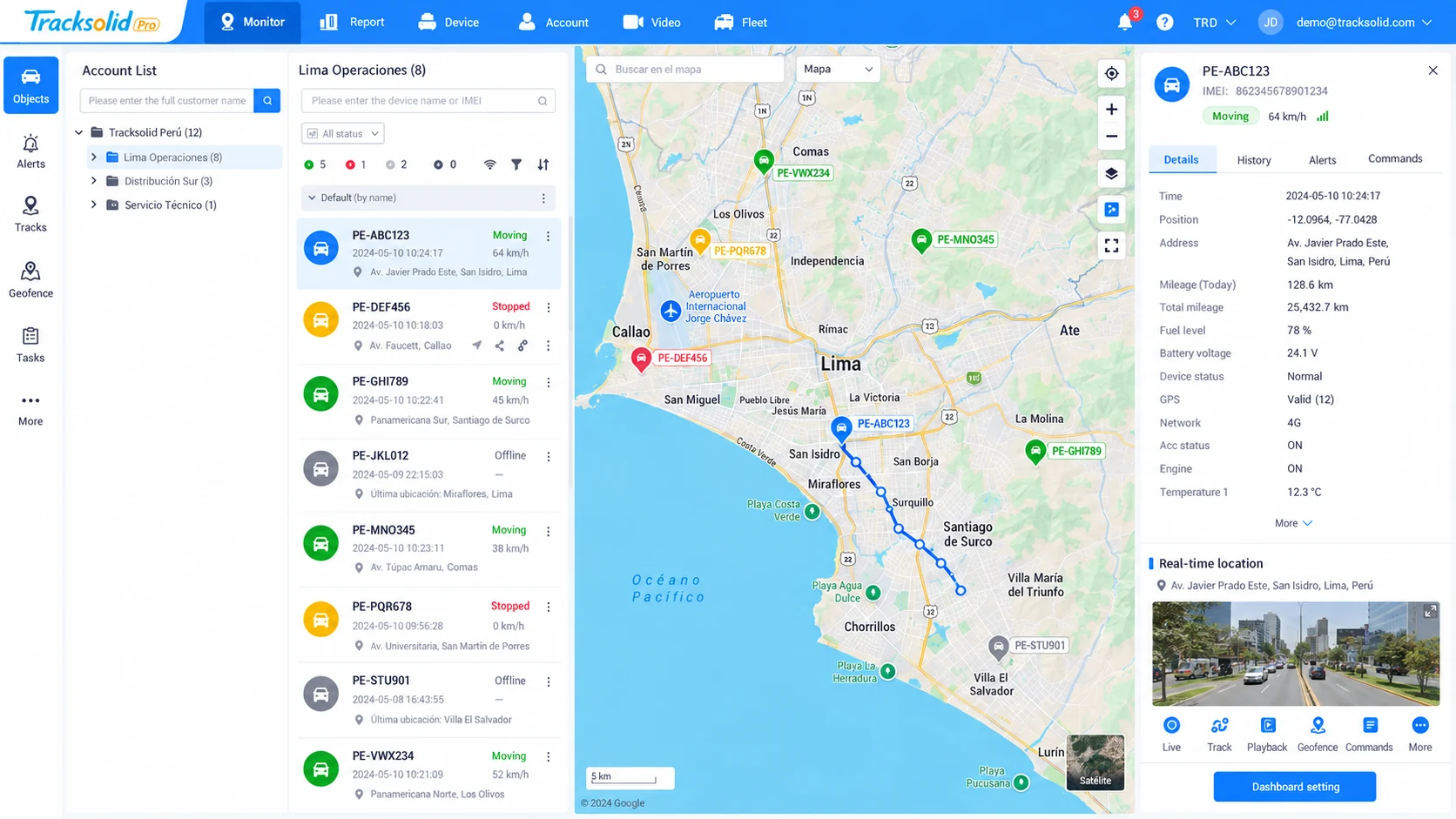 Tracksolid Pro: lista de unidades, mapa de la flota en Lima y ficha de la unidad con velocidad, ubicación y video en vivo