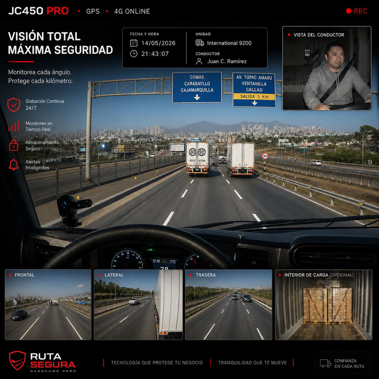Interfaz de monitoreo JC450 Pro con vistas frontal, lateral, trasera, conductor e interior de carga opcional