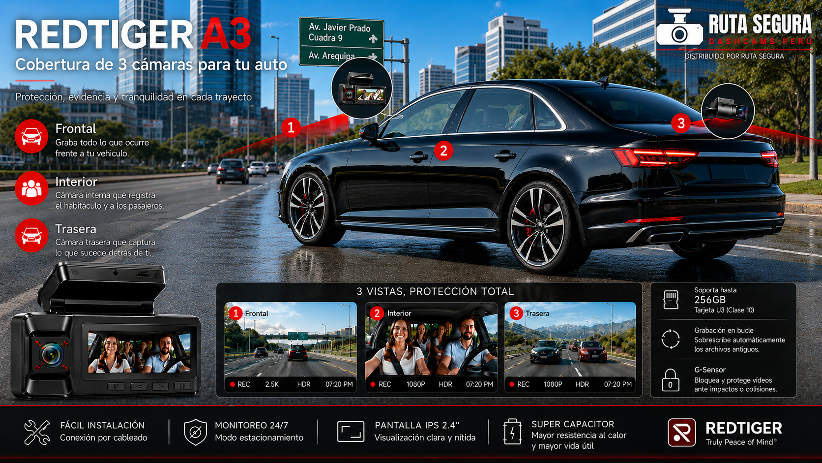 REDTIGER A3 con cobertura frontal, interior y trasera para autos